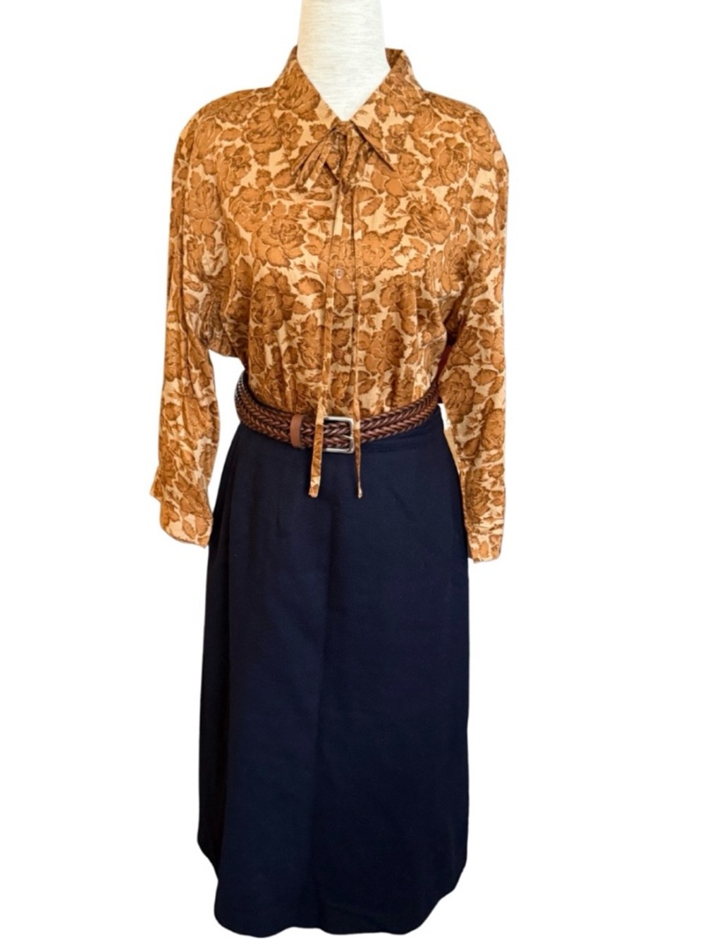 Vintage Western Equestrian Brown Floral Tie Neck Cotton Blouse XL - Picture 5 of 6